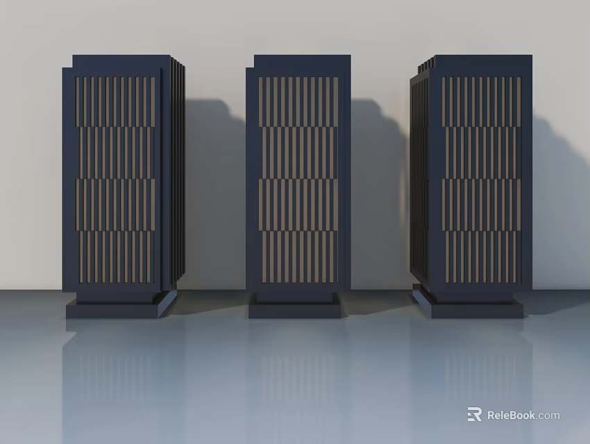 Three Black Flush Doors With Vertical Slat Design Against Light Colored Wall 3d model