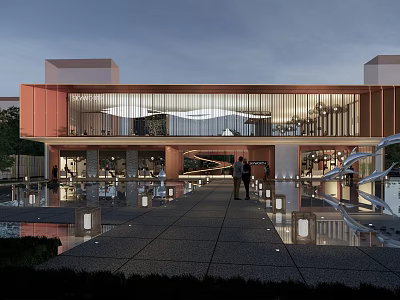 Modern Sales Office Building with Evening Lighting Glass Curtain Wall Entrance Water Feature and People 3d model