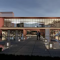 Modern Sales Office Building with Evening Lighting Glass Curtain Wall Entrance Water Feature and People