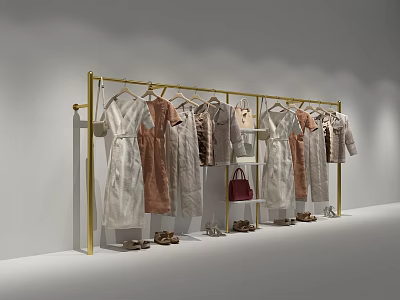 Modern Clothing Store Display With Golden Rack Various Dresses Coats Red Handbag And Shoes 3d model