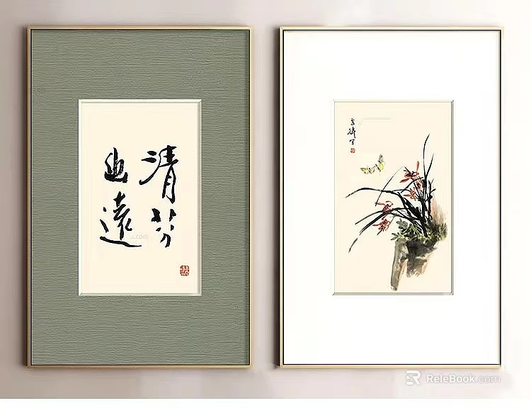 Traditional Chinese Calligraphy And Ink Painting Artworks With Orchids And Butterflies 3d model 