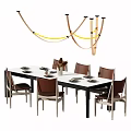 Modern Dining Table Set With Six Brown Chairs White Tabletop Hanging Chandelier And Tableware 3d model
