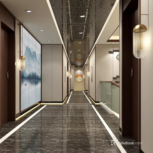 Modern Elevator Hallway With Marble Flooring Sleek Lighting And Decorative Wall Art 3d model