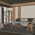 Modern Living Room With Cozy Sofa Coffee Tables Wooden Elements And Soft Rug