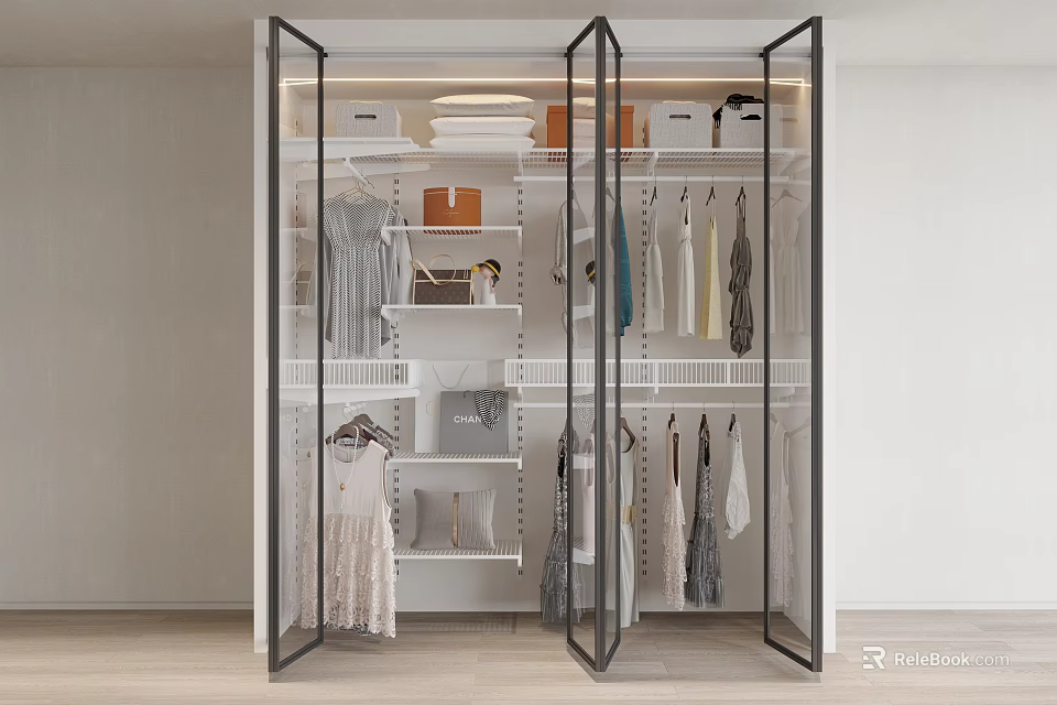 Modern Wardrobe Interior With Glass Doors Hanging Clothes Bags Drawers And Shelves 3d model 