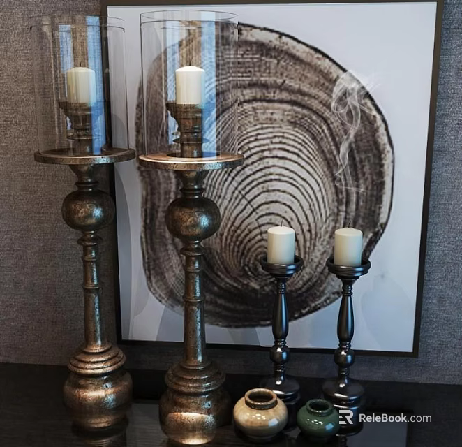 Tall and Short Candle Lamps with Lit Candles Against Wood Grain Wall Art Decor 3d model 