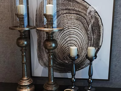 Tall and Short Candle Lamps with Lit Candles Against Wood Grain Wall Art Decor 3d model