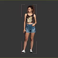Woman Wearing Leopard Print Tank Top And Denim Shorts With Curly Hair Holding Phone