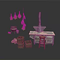 Traditional Rustic Kitchen Scene With Hanging Herbs Stove Wooden Crates And Stool