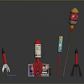 Various Fireworks Equipment Including Rocket Shaped Devices Cylindrical Firecrackers Square Box And Colorful Decorations