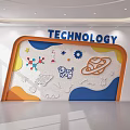 Kindergarten Technology Themed Wall Decoration With Gears Planets Rocket And Robot Elements 3d model