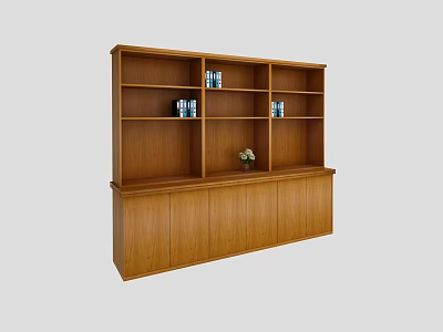 Modern Brown Wooden Bookcase With Open Shelves Cabinet Doors And Decorative Items 3d model