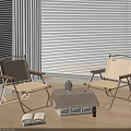 Beige Folding Leisure Chairs In Indoor Area With Window Blinds Small Table Kettle And Book