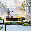 Modern White Feature Wall With Vertical Stripes Courtyard Green Plants And Decorative Lights