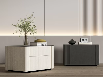 Modern Light And Dark Bedside Tables With Green Plant Vase Books And Decorative Items 3d model