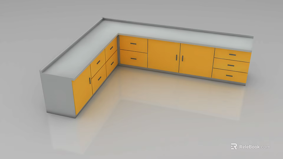L Shaped Kitchen Cabinets With Yellow Doors Gray Countertop And Drawers 3d model 