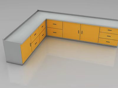 L Shaped Kitchen Cabinets With Yellow Doors Gray Countertop And Drawers 3d model