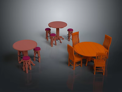 Orange And Pink Round Table Furniture With Matching Chairs And Stools 3d model