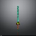 Turquoise Sword With Intricate Patterns And Red Hilt Featuring Yellow Green Decorations