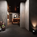 Sophisticated Bar Interior With Gray Walls Columns Recessed Lighting Round Mirror And Bar Counter