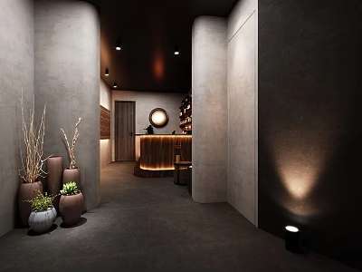 Sophisticated Bar Interior With Gray Walls Columns Recessed Lighting Round Mirror And Bar Counter 3d model