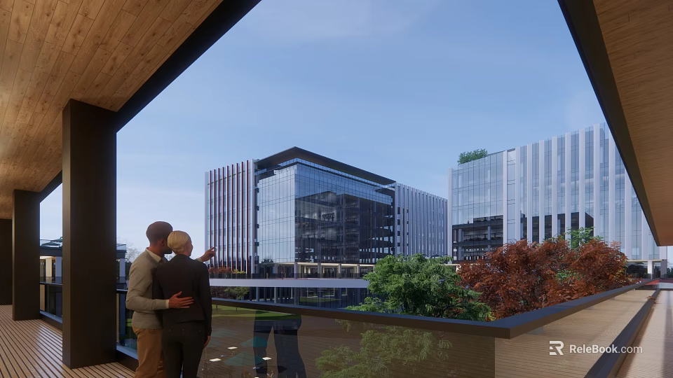 Two people on balcony viewing modern glass office buildings with green plants and blue sky 3d model 