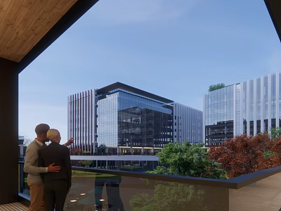Two people on balcony viewing modern glass office buildings with green plants and blue sky 3d model