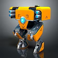 Yellow Mechanical Robot Character With Multiple Cannons Blue Eyes And Glowing Core 3d model
