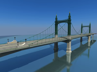 Suspension Bridge With Green Towers Over Calm Water Street Lamps Blue Sky And Reflection 3d model