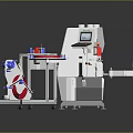 Automated Industrial Production Line With Control Panel Red Components And Conveyor Belt