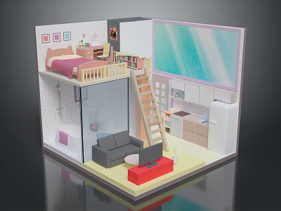 Miniature Room Model Interior With Bed Bookshelf Sofa TV And Coffee Table 3d model