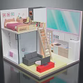 Miniature Room Model Interior With Bed Bookshelf Sofa TV And Coffee Table 3d model
