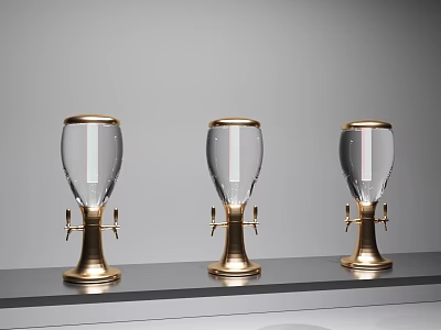 Three Transparent Wine Bottles With Gold Base And Tap On Grey Shelf 3d model