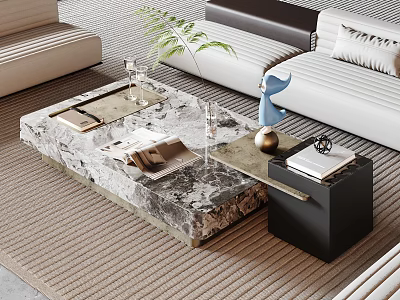 Modern Elegant Coffee Table With Marble Top Metal Frame And Decorative Items In Living Room 3d model