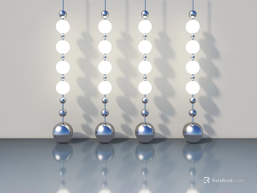 Silver Metal Hinged Doors with White Spherical Decorations and Reflective Bottom on Light Gray Wall 3d model 