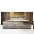 Elegant Modern Kitchen Interior With Golden Panel Cabinets Dark Wood And Marble Countertop
