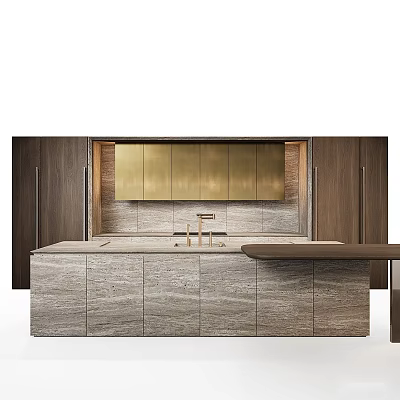 Elegant Modern Kitchen Interior With Golden Panel Cabinets Dark Wood And Marble Countertop 3d model