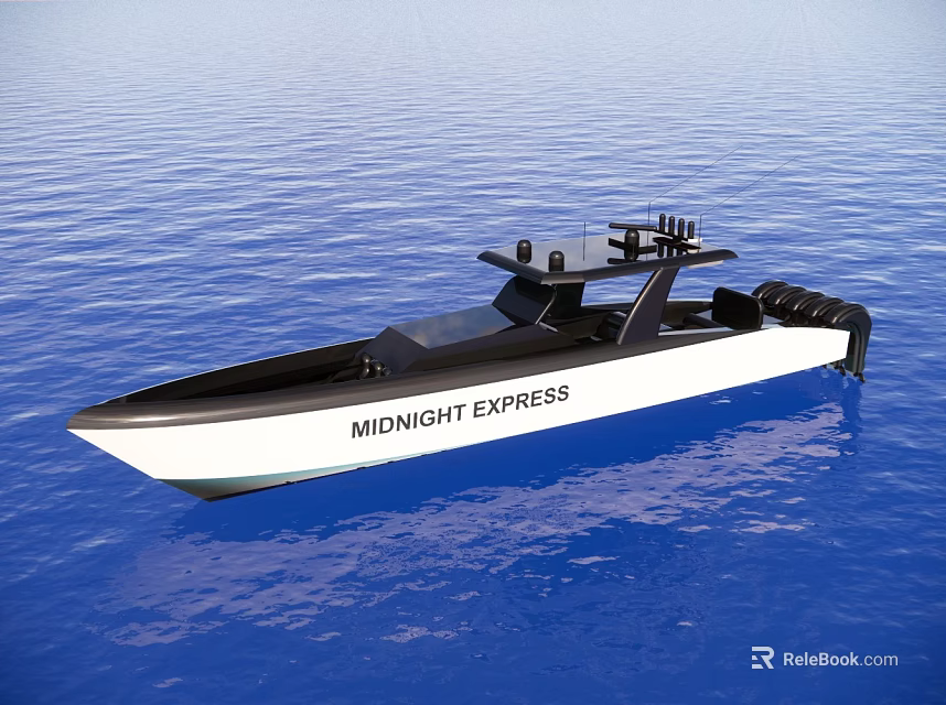 Midnight Express Sport Yacht Black And White Exterior Sailing On Blue Water 3d model 