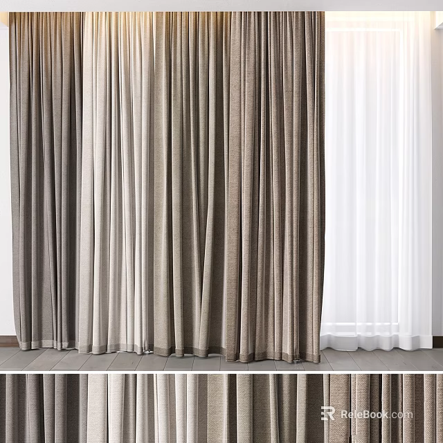 Modern Brown And White Layered Curtains With Sheer Linen Fabric Design 3d model 