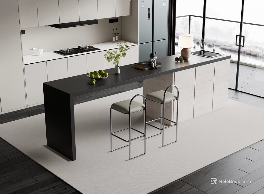 Modern Kitchen Bar Counter with Black Countertop Two Bar Stools Decorative Items and Large Windows 3d model 