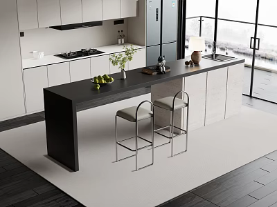 Modern Kitchen Bar Counter with Black Countertop Two Bar Stools Decorative Items and Large Windows 3d model