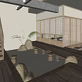 Traditional Japanese Tea House Interior With Wooden Stairs Pendant Lights Stone Stools And Lattice Doors
