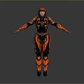 Futuristic Game Movie Character In Red Black Orange Armored Suit With Mechanical Design