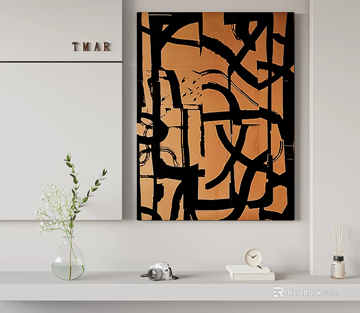 Modern Interior Decor With Abstract Black Orange Geometric Artwork And Decorative Items 3d model