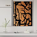 Modern Interior Decor With Abstract Black Orange Geometric Artwork And Decorative Items 3d model