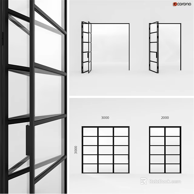Black Frame Glass Panel Swing Door With Grid Design And Different Dimensions 3d model 