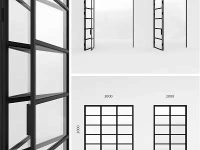 Black Frame Glass Panel Swing Door With Grid Design And Different Dimensions 3d model