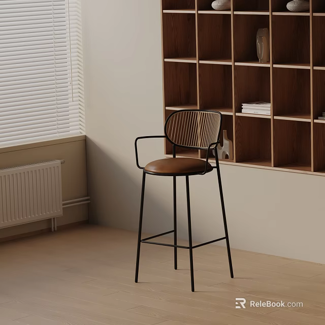 Modern Bar Stool With Woven Back And Brown Seat Near Wooden Shelf And Window Blinds 3d model 