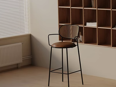 Modern Bar Stool With Woven Back And Brown Seat Near Wooden Shelf And Window Blinds 3d model