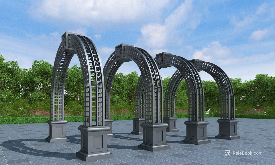 Arched Metal Pergola with Grid Design and Stone Pillars Against Green Trees Blue Sky 3d model 